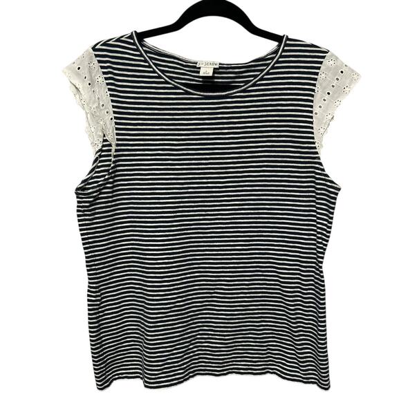 J by J Crew Navy Blue White Tee Striped Capped Sleeve Lace Eyelet Detail Top L - Picture 1 of 10